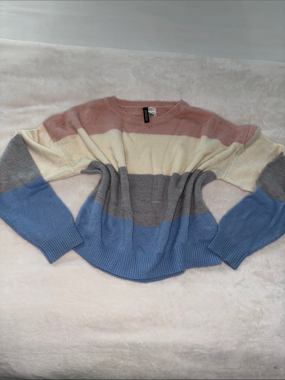 H&M Cozy Striped Crewneck Cropped Sweater - Pastel Pink, Cream, Gray & Blue